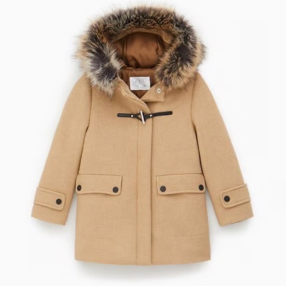 Zara Kids Tan Hooded Coat with Faux Fur Trim